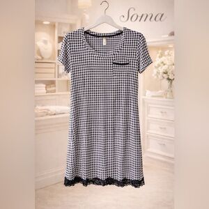 Closet Soma Black-White Gingham Sleep Shirt Nightgown w/ Lace Trim Cozy Chic